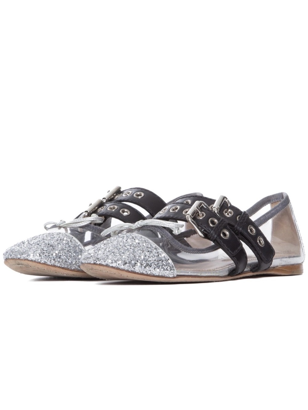 Miu Miu Black and Silver Glitter PVC Buckle Flats
